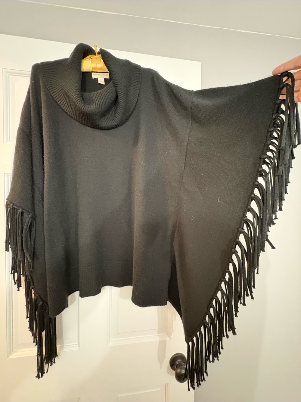 Cynthia Rowley Black Fringe Cowl Poncho Sweater